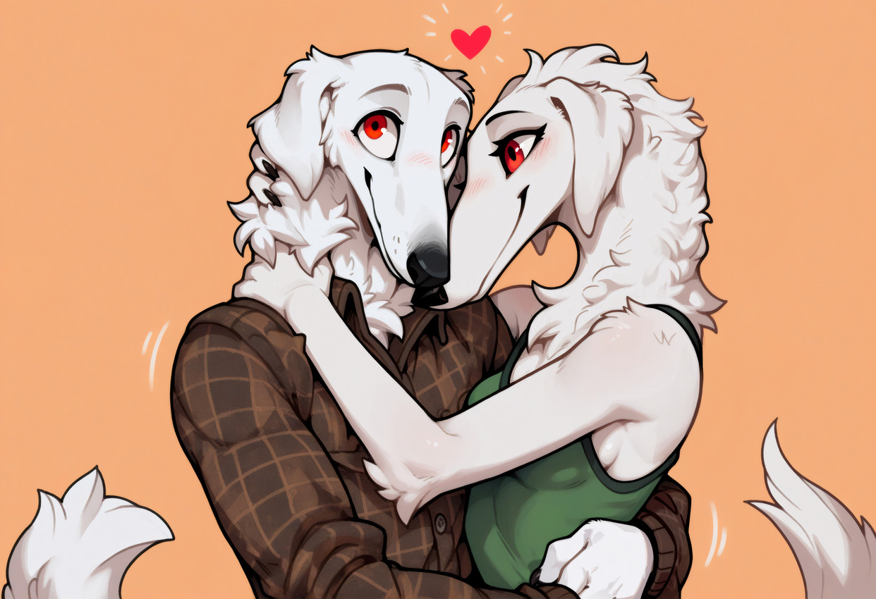 <3 black_nose blush breasts brother brother_and_sister clothed clothing duo embrace female fur hug looking_at_another male male/female red_eyes romantic romantic_couple shirt sibling simple_background sister smile tail topwear tuft white_body white_fur anotheranon borzoi canid canine canis domestic_dog hunting_dog mammal sighthound absurd_res hi_res