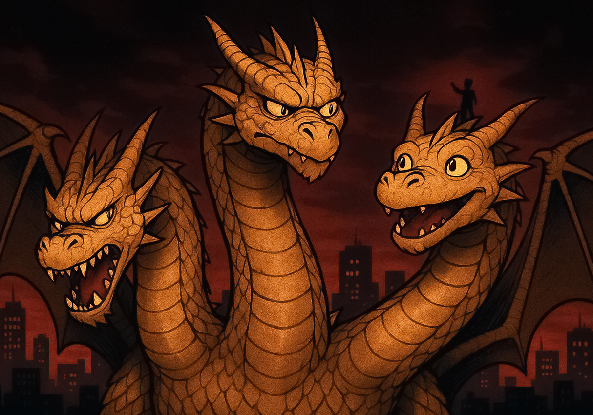 2_horns black_pupils building city city_background city_skyline claws cloud detailed_background fangs feral front_view head_horn horn light long_neck looking_at_another male membrane_(anatomy) membranous_wings monotone_body monotone_scales mouth_closed multi_head mythology night open_mouth open_smile pupils scales sharp_teeth sky skyscraper smile solo spikes spikes_(anatomy) teeth thick_neck wing_claws wings yellow_body yellow_claws yellow_eyes yellow_horn yellow_scales zenithwolf godzilla_(series) toho king_ghidorah dragon hydra kaiju mythological_creature mythological_scalie scalie 10:7 digital_media_(artwork) half-length_portrait hi_res lighting portrait shaded