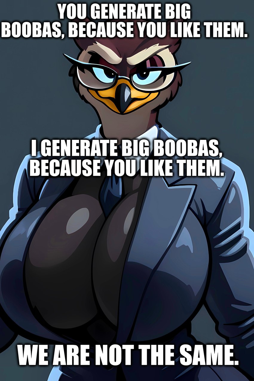 anthro beak big_breasts breasts cleavage clothed clothing eyewear feathers female glasses looking_at_viewer necktie solo suit text luuklook avian bird owl absurd_res hi_res meme