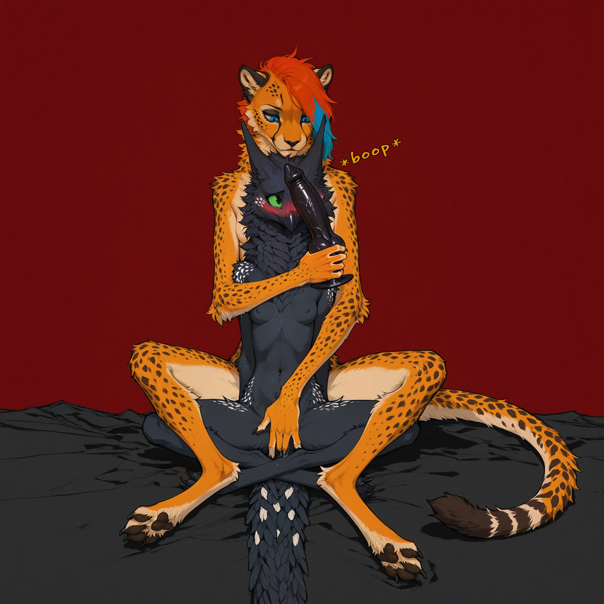 4_toes 5_fingers animal_dildo animal_sex_toy anthro beak bed_sheet bedding black_body black_dildo black_fur blue_eyes blue_hair blush bodily_fluids breasts canine_dildo claws covering covering_crotch crossed_legs cute_fangs digitigrade dildo duo embrace feet female female/female fingering fingers fluffy fur genital_fluids green_sclera hair hands_behind_back holding_dildo holding_object holding_sex_toy hug hugging_from_behind knotted_dildo long_tail looking_at_object looking_down looking_down_at_another looking_down_at_partner neck_tuft nipples nude one_eye_obstructed orange_hair pawpads red_background sex sex_toy side_cut simple_background sitting sitting_on_ground size_difference slim small_breasts smile spots spotted_body spotted_fur text toes tuft vaginal vaginal_fingering veiny_dildo yellow_body yellow_fur oldhroft shadow_(oldhroft) vex_(oldhroft) avian cheetah felid feline mammal velari english_text hi_res
