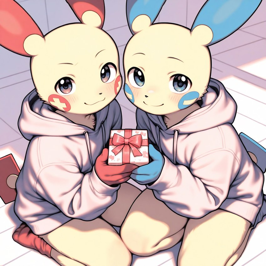 anthro blue_clothing clothing duo footwear gift holding_object hoodie looking_at_viewer male male/male nintendo red_clothing sitting_on_ground socks topwear video_games white_body mozhan pokemon generation_3_pokemon humanoid minun plusle pokemon_(species) hi_res