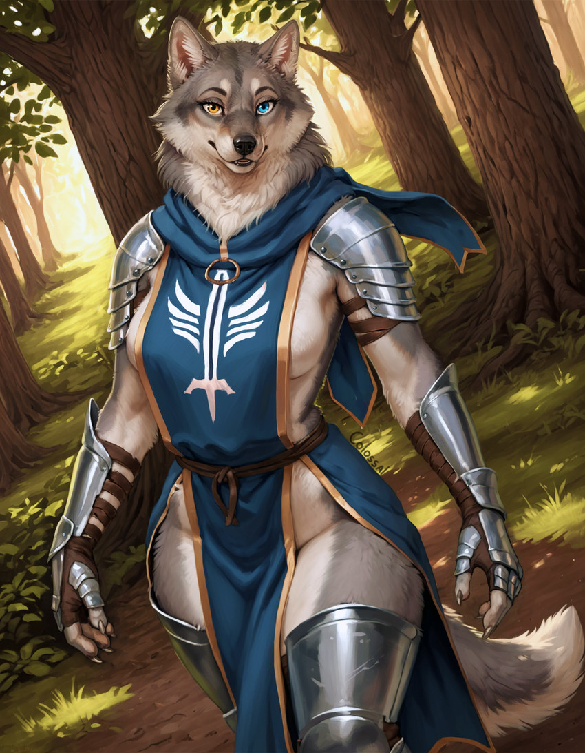 anthro armor black_nose blue_clothing blue_eyes breasts claws clothed clothing day detailed_background female finger_claws fingers forest fur gauntlets gloves grass grey_body grey_fur handwear heterochromia inner_ear_fluff knight looking_at_viewer multicolored_body multicolored_fur nature nature_background neck_tuft outside pauldron pelvic_curtain plant side_boob smile solo standing tabard tail thick_thighs tree tuft two_tone_body two_tone_fur unconvincing_armor vambrace warrior white_body white_fur yellow_eyes colossal_exhoost_fume canid canine canis mammal wolf hi_res