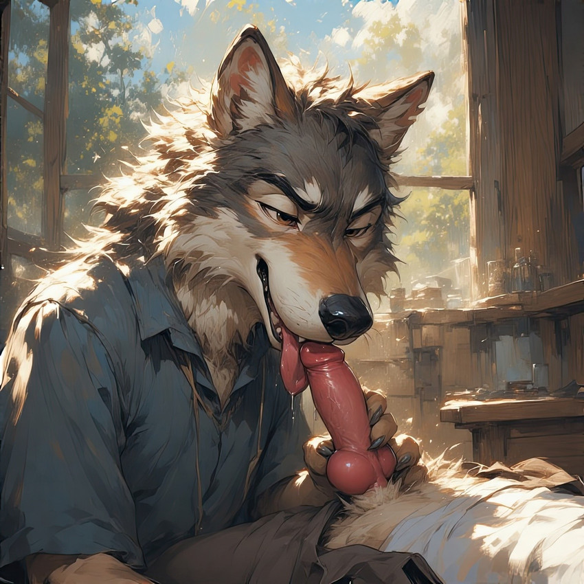 animal_genitalia animal_penis anthro bedroom_eyes bodily_fluids bottomwear brown_body brown_fur canine_genitalia canine_penis clothed clothing dominant dominant_male duo erection fellatio first_person_view forest fur genital_fluids genitals grey_body grey_fur hair handjob knot licking light male male/male narrowed_eyes open_mouth oral penile penis penis_lick plant presenting seductive sex smile sunlight tongue tongue_out topwear tree tuft vein veiny_penis white_body white_fur window extravirginweaseloil canid canine canis coyote domestic_dog mammal hi_res