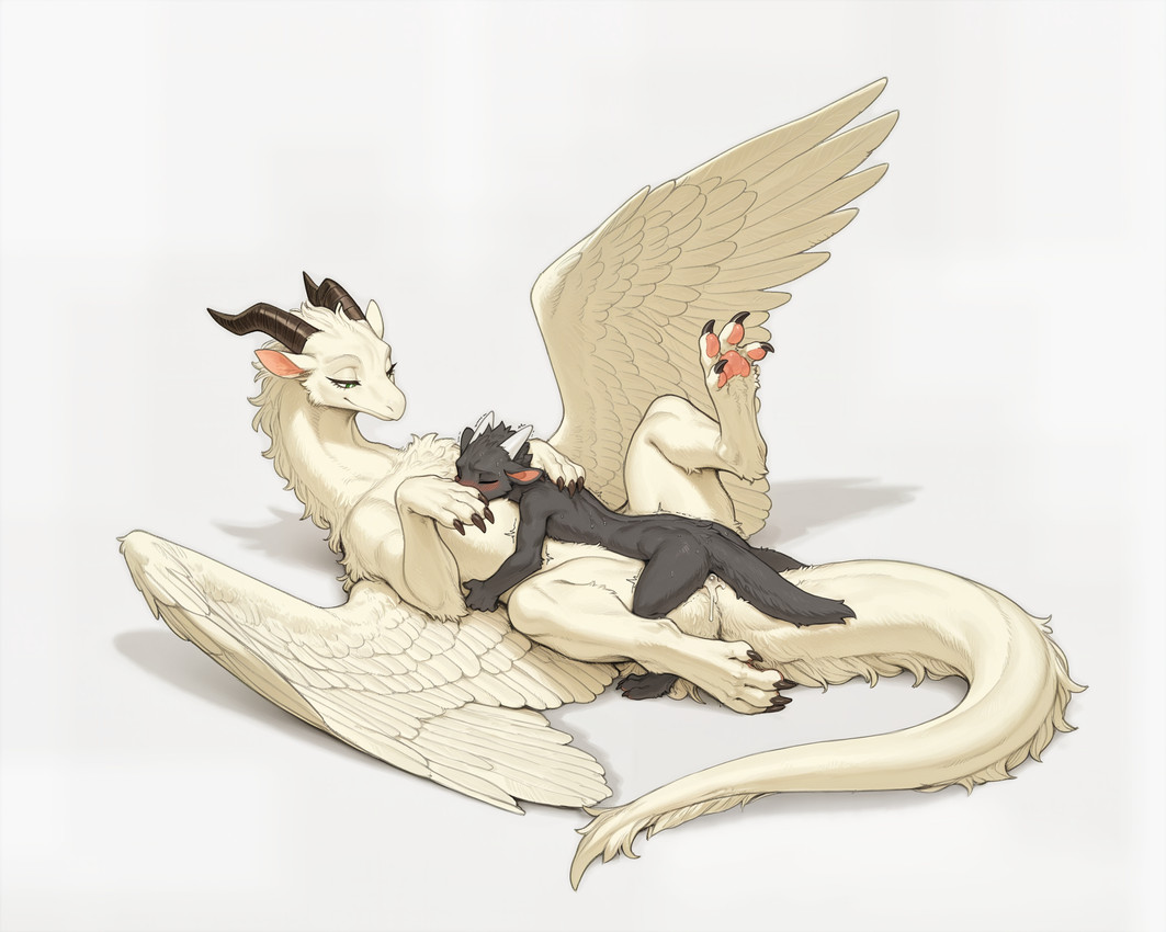 2_horns 4_toes anthro anthro_on_feral bestiality biped black_body black_claws black_fur black_horn blush bodily_fluids claws cuddling cum cum_in_pussy cum_inside digitigrade duo embrace eyes_closed feathered_wings feathers feet female female_feral feral finger_claws fingers fluffy fur genital_fluids green_eyes horn hug interspecies larger_female larger_feral looking_at_another lying male male/female male_anthro male_on_feral monotone_body monotone_fur mythology narrowed_eyes nude obscured_penetration on_back on_front pawpads paws pink_pawpads quadruped shaking simple_background size_difference smaller_anthro smaller_male spread_legs spread_wings spreading sweat tail tail_tuft toe_claws toes trembling tuft white_background white_body white_feathers white_fur white_tail white_wings wings burioth canid dragon feathered_dragon feathered_scalie furred_dragon furred_scalie kobold mammal mythological_creature mythological_scalie scalie digital_media_(artwork) hi_res shaded