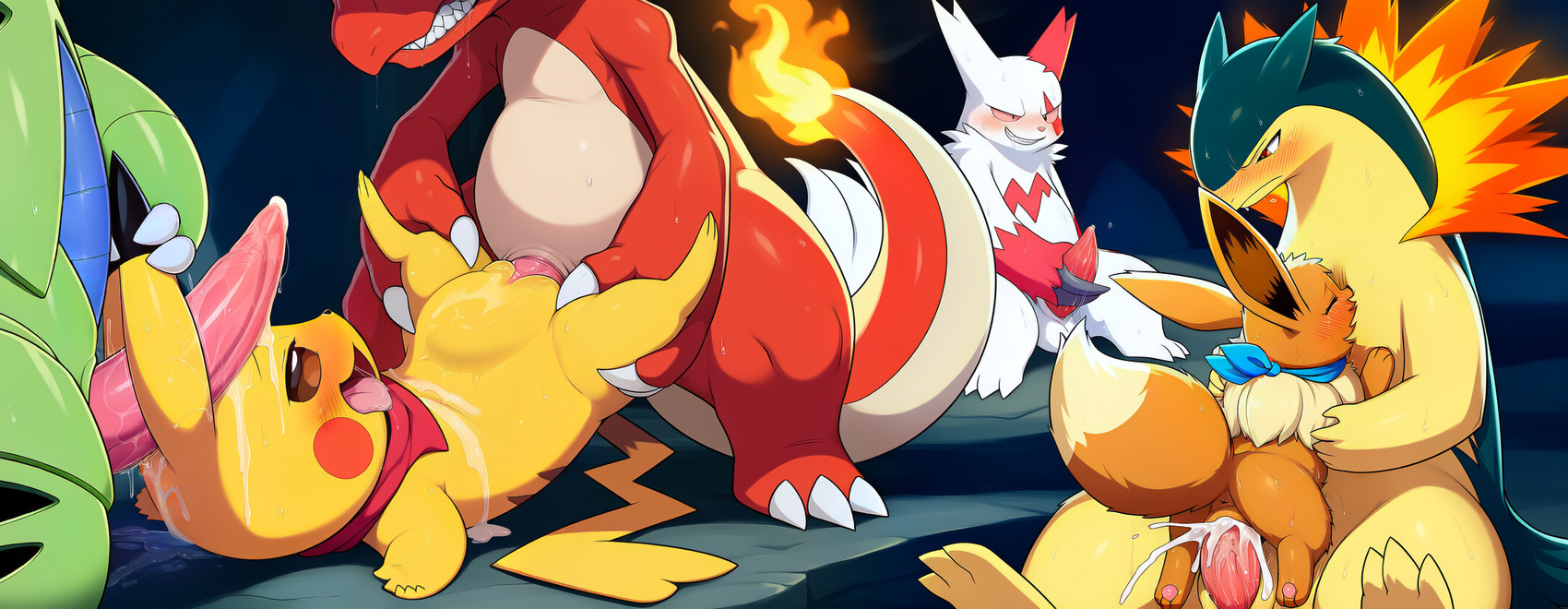 animal_genitalia animal_penis ascot balls bodily_fluids cave cavern clenched_teeth clothing cum cum_in_pussy cum_inside cum_on_belly cum_on_body cum_on_head female feral genital_fluids genitals group group_sex lying lying_on_another lying_on_ground male male/female masturbation on_back penetration penis sex spread_legs spreading tapering_penis teeth vaginal vaginal_penetration stressedout nintendo pokemon charmeleon eevee generation_1_pokemon generation_2_pokemon generation_3_pokemon pikachu pokemon_(species) typhlosion tyranitar zangoose hi_res