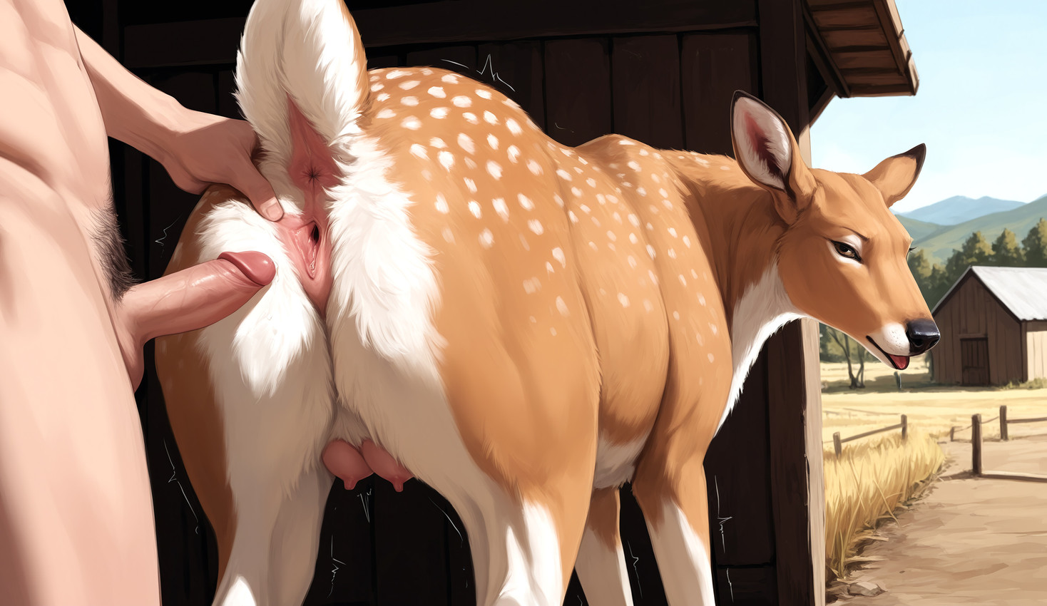 anatomically_correct anatomically_correct_genitalia animal_genitalia animal_pussy anticipation anus bestiality butt cervine_anus cervine_pussy duo erection farm female female_focus female_on_human feral fingers from_behind_position fur genitals hand_on_butt human_on_feral imminent_bestiality imminent_sex interspecies looking_at_viewer looking_back looking_back_at_viewer male male/female male_on_feral multicolored_body multicolored_fur nude outside penis pussy raised_tail rear_view sex shed solo_focus spots spotted_body spotted_fur spread_pussy spreading standing teats two_tone_body two_tone_fur jensenai cervid cervine human mammal hi_res