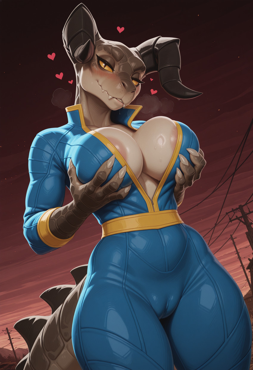 <3 big_breasts blue_clothing breast_grab breasts brown_body brown_scales camel_toe claws clothing female hand_on_breast horn huge_breasts looking_at_viewer nipples non-mammal_breasts non-mammal_nipples outside pink_nipples post-apocalyptic power_line scales sharp_teeth solo teeth vault_suit yellow_eyes joe420 fallout deathclaw humanoid scalie absurd_res hi_res