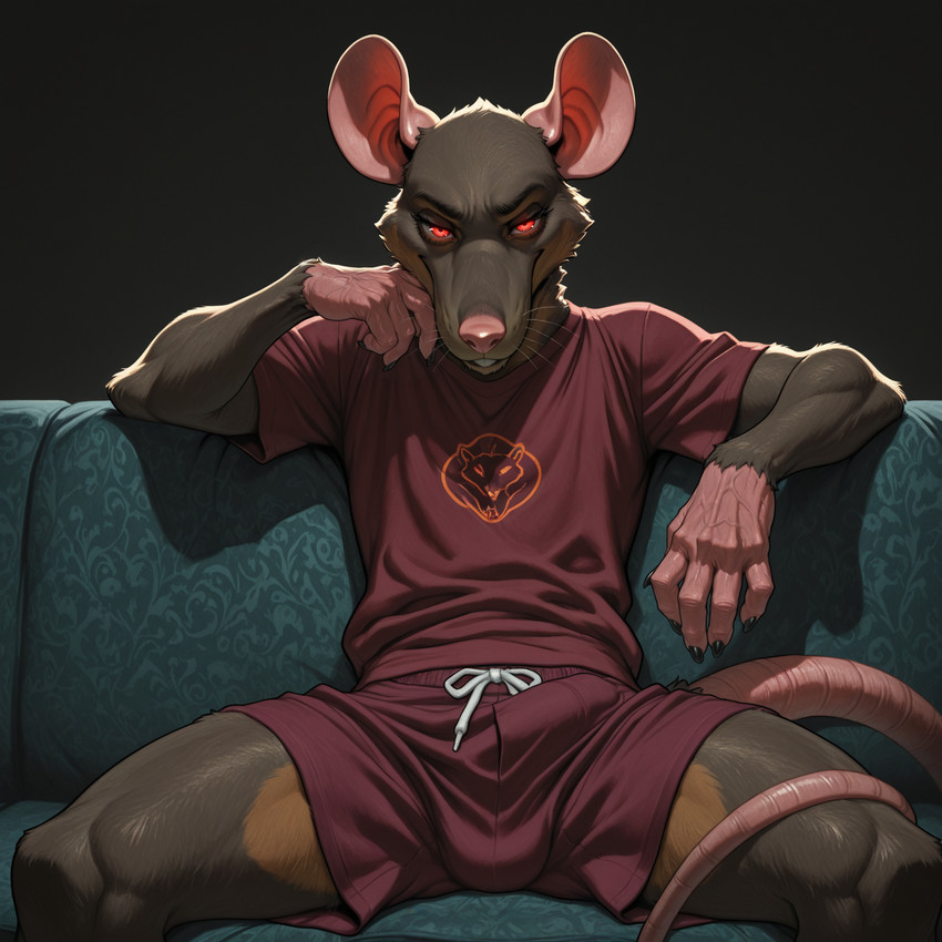 5_fingers anthro big_ears black_finger_claws bottomwear bow_ribbon bulge clothed clothing elbow_rest erection erection_under_clothing fingers front_view fur furniture genital_outline genitals glowing glowing_eyes half-erect hands looking_at_viewer male multicolored_body multicolored_fur on_sofa penis penis_outline rat_ears rat_nose red_eyes shirt shorts sitting sitting_on_sofa smug_face sofa solo spread_legs spreading t-shirt tail topwear two_tone_body two_tone_fur whiskers bilgerat_(director) shephard_(bilgerat) mammal murid murine rat rodent hi_res