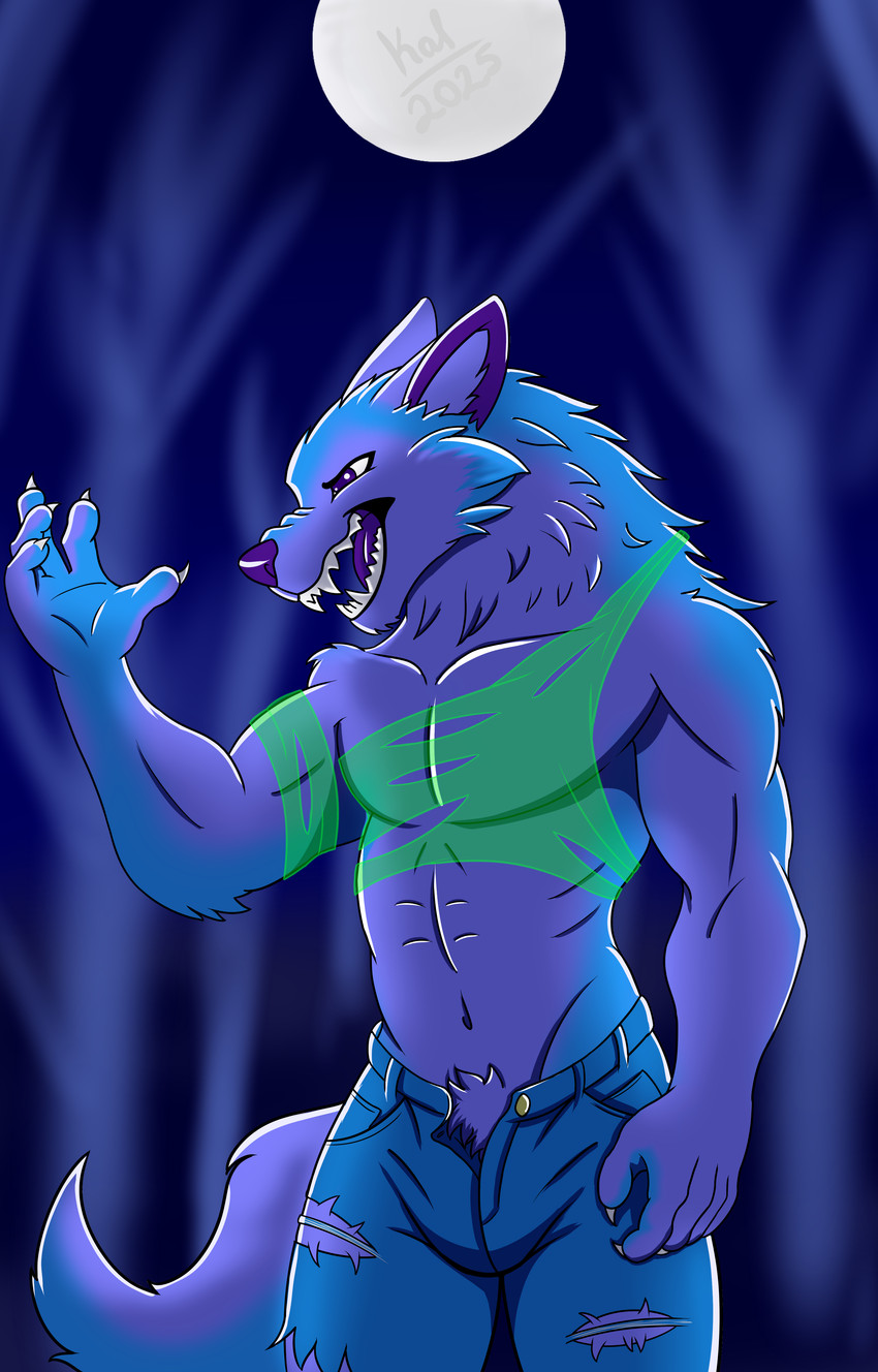 after_transformation anthro bulge clothing kurtkalupo male moon night solo teeth torn_clothing canid canine mammal werecanid werecanine werecreature werewolf absurd_res hi_res