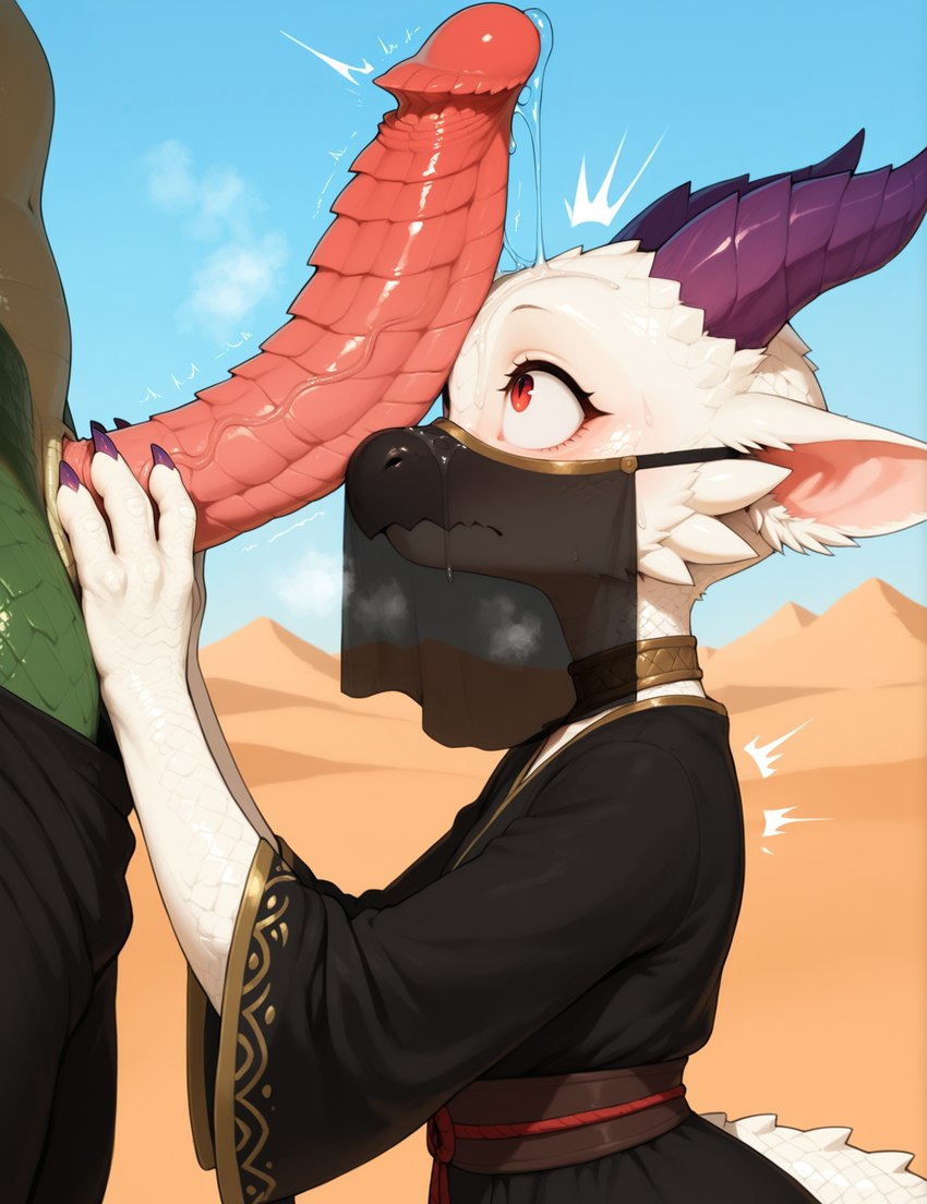4_fingers big_penis blush bodily_fluids bottomwear bottomwear_down circumcised claws clothed clothing curved_penis day desert detailed_background dripping duo erection eyelashes faceless_character faceless_male female female_anthro finger_claws fingers fur genital_fluids genitals glans glistening glistening_body green_body green_scales hand_on_crotch horn huge_penis humanoid_genitalia imminent_oral it'll_never_fit jewelry larger_male leaking_precum looking_at_genitalia looking_at_penis male male/female musk mythology necklace outside pants pants_down partially_clothed penile penis penis_awe penis_on_face penis_on_head penis_worship pink_glans pink_penis precum precum_drip precum_on_face precum_string red_eyes ridged_penis sand scales size_difference sky smaller_female solo_focus spikes spikes_(anatomy) suprise sweat throbbing_penis tuft veil vein veiny_penis white_body white_fur white_scales fluffscaler hymonie_fluffscale(fluffscaler) dragon furred_kobold kobold mythological_creature mythological_scalie reptile scalie hi_res