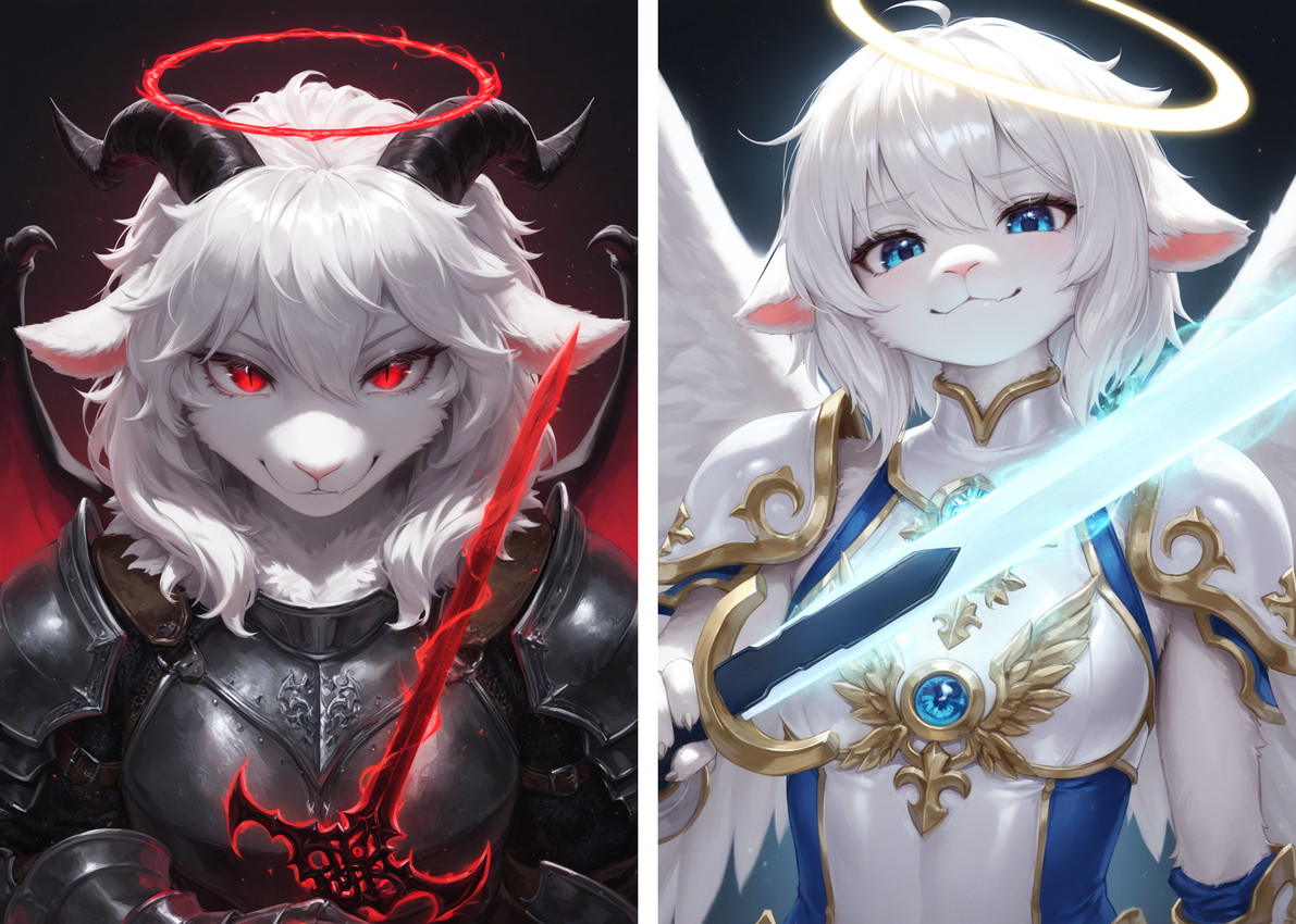 anthro armor blue_eyes claws clothing dagger duo fabric feathered_wings feathers female fur gauntlets gloves glowing_sword hair halo handwear horn looking_at_viewer magic magic_weapon melee_weapon membrane_(anatomy) membranous_wings pupils red_eyes slit_pupils smug sword weapon white_body white_fur wings tollilo angel bovid caprine caprine_demon demon goat goat_demon mammal hi_res