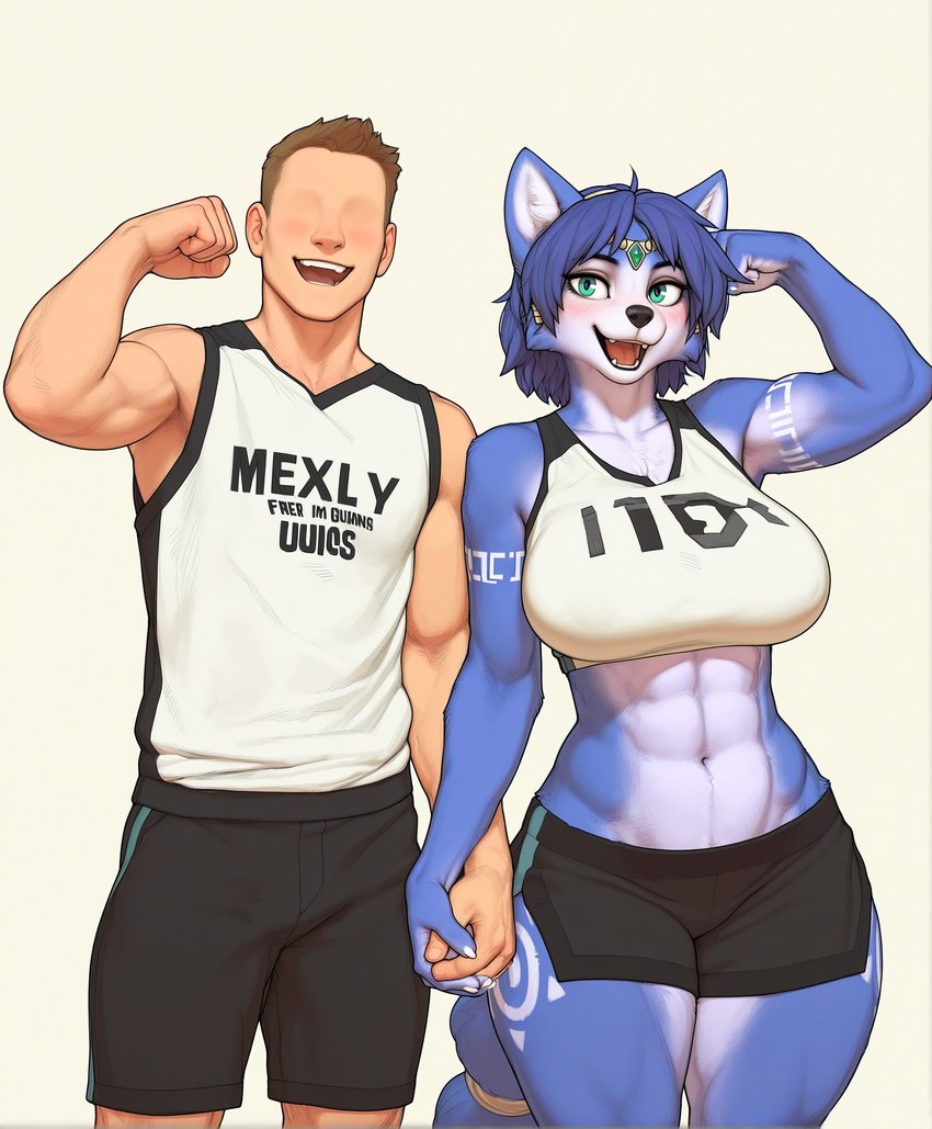 5_fingers abs accessory anthro arm_markings athletic athletic_anthro athletic_female biceps big_breasts black_bottomwear black_clothing black_nose blue_body blue_eyes blue_fur blue_hair blush bottomwear bra breasts brown_hair cheek_tuft claws clothed clothing confident countershading crop_top duo eyebrows eyelashes eyeless facial_tuft fangs female female_anthro female_on_human fingers fist flexing flexing_bicep fur furgonomics gem green_eyes gym_bottomwear gym_clothing gym_shorts hair hair_accessory hand_holding happy huge_breasts human_on_anthro inner_ear_fluff interlocked_fingers interspecies jewelry leg_markings looking_at_another male male/female male_on_anthro markings midriff multicolored_body multicolored_fur muscular muscular_anthro muscular_female muscular_human muscular_male navel open_mouth open_smile pecs ring romantic romantic_couple shirt short_hair shorts simple_background smile sports_bra standing tail tail_accessory tail_jewelry tail_ring tail_wraps tailband tank_top tattoo teeth text text_on_clothing text_on_topwear thick_thighs thigh_markings tongue topwear tribal tribal_markings tribal_tattoo tuft two_tone_body two_tone_fur underwear white_background white_body white_fur white_inner_ear wide_hips wraps nintendo star_fox krystal_(star_fox) canid canine fox human mammal absurd_res english_text hi_res