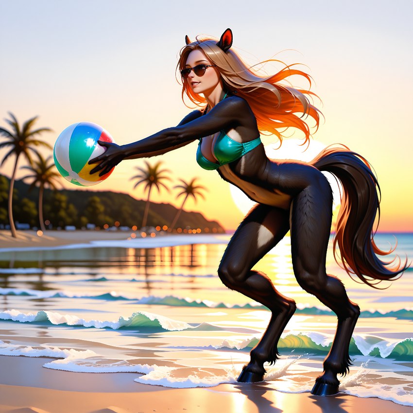 ai_tagging_(redrocket) anthro artois_posting_service ball beach beach_ball bikini bikini_top black_body black_fur blonde_hair bottomless breasts clothed clothing detailed_background eyewear female fur hair holding_object hooves inflatable long_hair outside palm_tree plant sand sea seaside sky smile solo standing sun sunglasses sunset swimwear tree wainsfwillustrious_(model) water director_crashbandit animal_humanoid equid equid_humanoid equine equine_humanoid horse human humanoid mammal mammal_humanoid digital_media_(artwork) prompt_metainfo