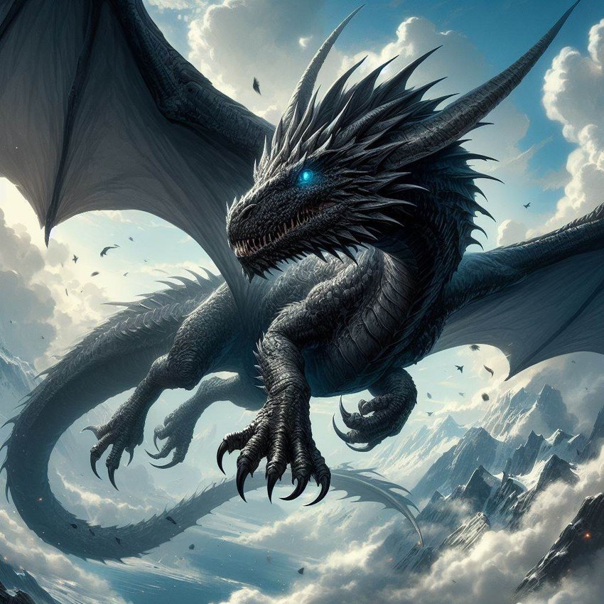 black_body black_scales blue_eyes claws feral flying hunting male scales solo spread_wings teeth wings winter_background loganth dragon