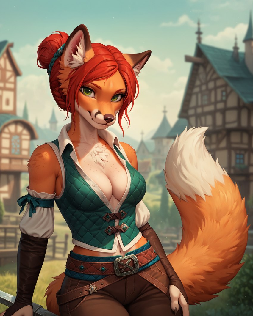 alternate_species anthro armwear belt bottomwear breasts bridal_gauntlets chest_tuft claws cleavage clothed clothing female fur furrification green_eyes hair hair_bun looking_at_viewer medium_breasts orange_body orange_fur pants red_hair short_hair solo topwear town tuft vest sagrael triss_merigold canid canine fox mammal absurd_res hi_res