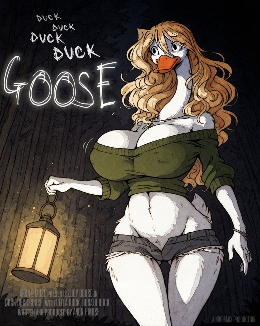 anthro big_breasts blonde_hair bottomwear breasts cleavage clothed clothing cross cross_necklace cutoffs deep_v_neck denim denim_clothing female hair huge_breasts jewelry movie_poster necklace shorts solo sweater topwear wavy_hair arantonak anatid anseriform anserinae avian bird goose hi_res