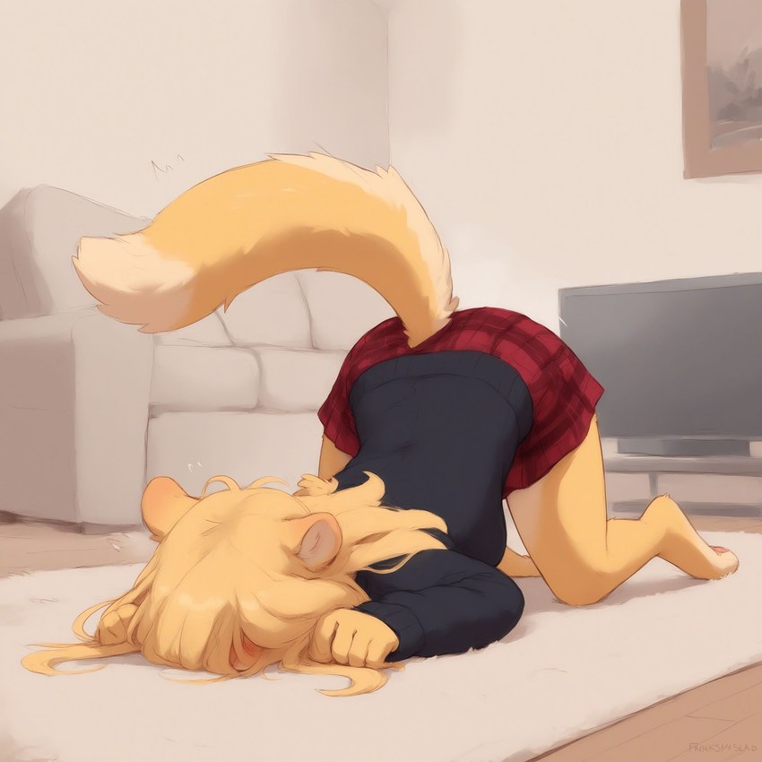 anthro ass_up blonde_hair bottomwear clothing female fur furniture hair lying on_front on_ground on_knees pattern_bottomwear pattern_clothing pattern_skirt plaid plaid_bottomwear plaid_clothing plaid_skirt raised_tail skirt sofa solo yellow_body yellow_fur verbotenvertex mila_minx mammal mink mustelid musteline true_musteline absurd_res hi_res