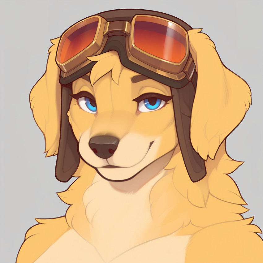 ambiguous_gender anthro blue_eyes clothing eyewear eyewear_on_head floppy_ears fur goggles goggles_on_head grey_background headgear headwear looking_at_viewer neck_tuft simple_background smile solo tan_body tan_fur tuft yellow_body yellow_fur magicraven bird_dog canid canine canis domestic_dog golden_retriever hunting_dog mammal retriever portrait