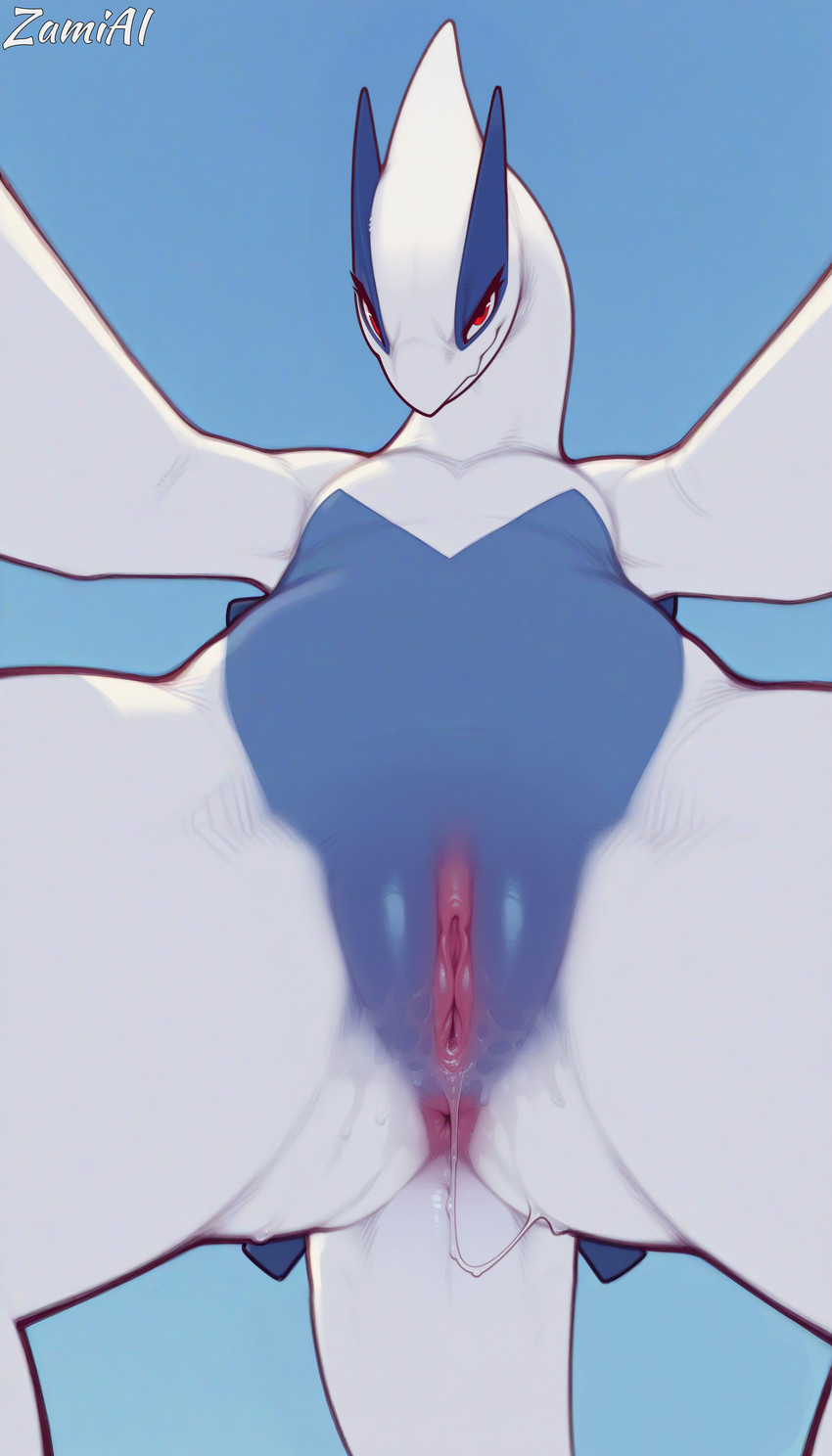 anus bedroom_eyes biped blue_body blue_countershading bodily_fluids countershading dripping female feral flesh_fang genital_fluids genitals looking_at_viewer looming low-angle_view narrowed_eyes pussy pussy_close-up pussy_juice pussy_juice_drip pussy_juice_on_leg pussy_juice_string red_eyes seductive simple_background smile solo spread_legs spreading tail white_body worm's-eye_view zamiai nintendo pokemon generation_2_pokemon legendary_pokemon lugia pokemon_(species) absurd_res hi_res