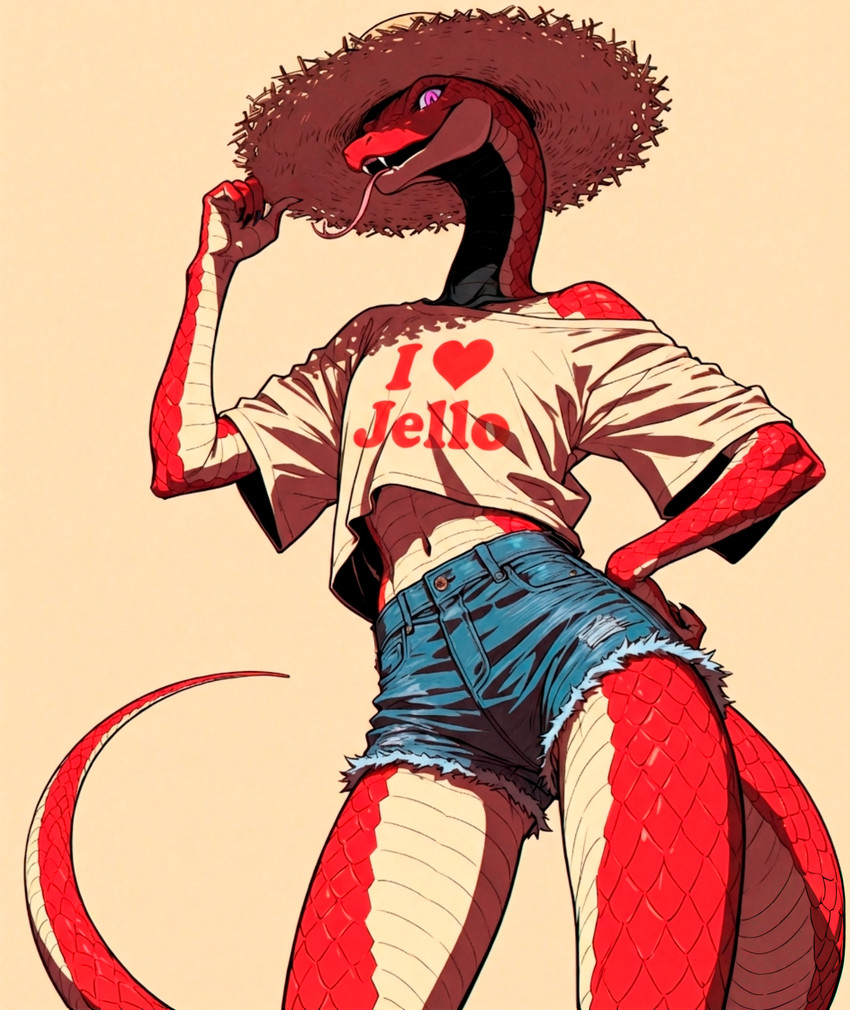 anthro baggy_clothing black_body black_scales bottomwear clothed clothing cutoffs denim denim_clothing fangs female forked_tongue hand_on_hip hat headgear headwear high_waisted_bottomwear long_tongue looking_at_viewer multicolored_body navel off_shoulder purple_eyes red_body red_scales scales scaly_body scaly_tail shirt shorts simple_background slim solo straw_hat t-shirt tail tan_background tan_body tan_scales teeth text text_on_clothing tongue topwear torn_bottomwear torn_clothing loren_iipsum reptile scalie snake viper hi_res