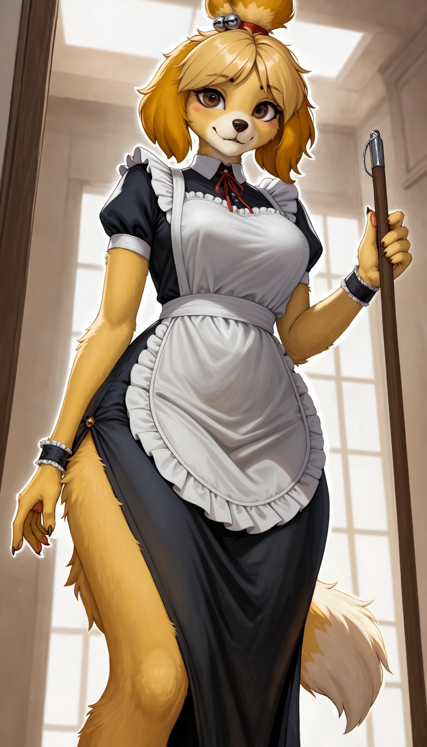 anthro blonde_hair brown_eyes claws clothing female fur hair holding_object inside looking_at_viewer low-angle_view maid_uniform mouth_closed outline short_sleeves solo standing uniform yellow_body yellow_fur ayo_keito isabelle_(animal_crossing) canid canine canis domestic_dog mammal absurd_res hi_res