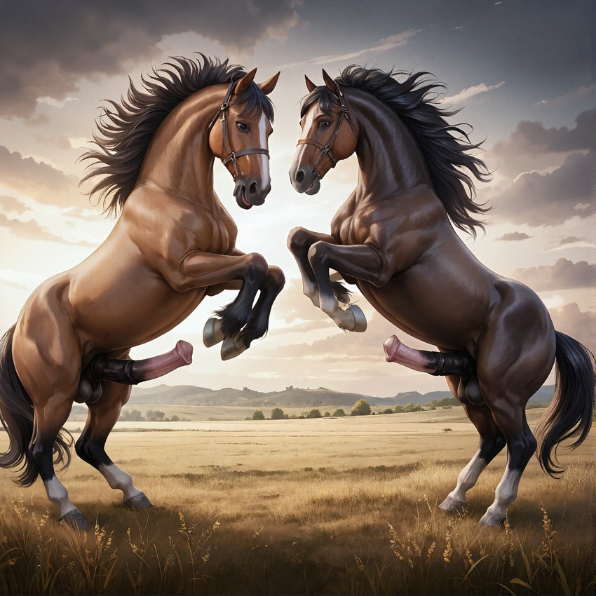 animal_genitalia animal_penis balls bing_image_creator cloud detailed_background duo equine_genitalia equine_penis feral field flared_penis genitals grass hooves male male/male penis plant stable_diffusion standing eclipsetheorca equid equine horse mammal detailed hi_res