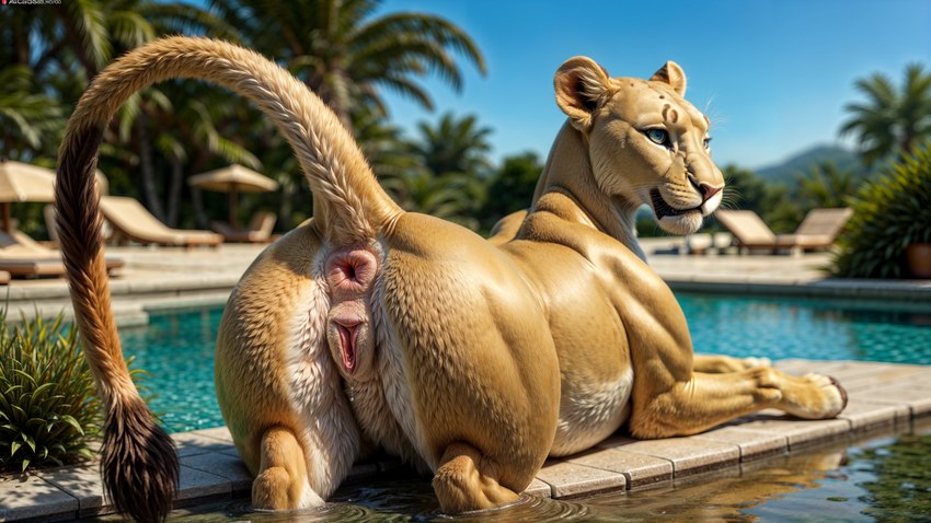 female feral light poolside pussy_peek rear_view solo sunlight ruski218 felid lion mammal pantherine absurd_res hi_res