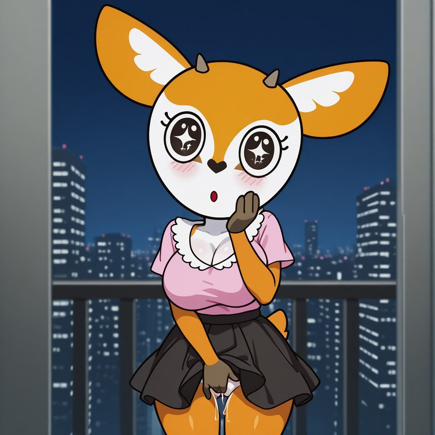 anthro apartment big_breasts bodily_fluids bottomwear bovid_horn breasts city city_background city_skyline cityscape cleavage clothed clothing female fingering fur genital_fluids genitals hand_on_face horn looking_at_viewer masturbation night orange_body orange_fur pussy pussy_juice raised_bottomwear raised_clothing raised_skirt shirt shocked skirt solo standing topwear vaginal vaginal_fingering white_body white_fur boxen549 aggretsuko sanrio tsunoda_(aggretsuko) antelope bovid gazelle mammal
