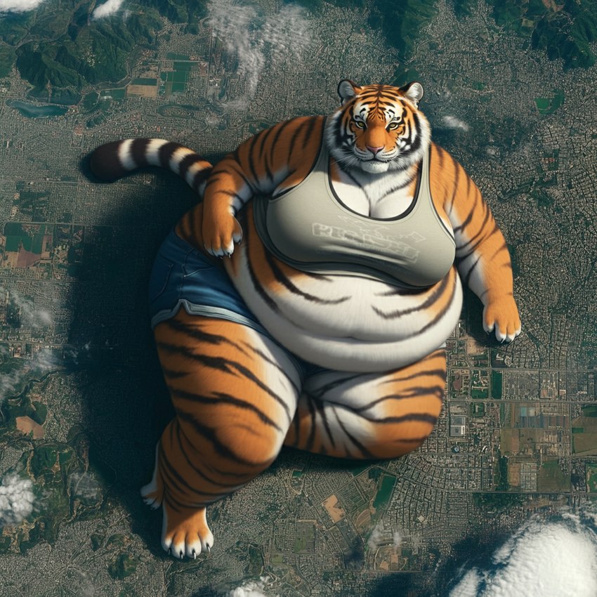 anthro barefoot belly big_belly bird's-eye_view bottomwear breasts city clothing cloud denim_bottomwear feet female high-angle_view looking_at_viewer macro mountains obese obese_anthro obese_female orange_body overweight overweight_anthro overweight_female paws shadow shorts sitting_on_ground solo striped_body stripes anonymous_director felid mammal pantherine tiger invalid_tag 1:1