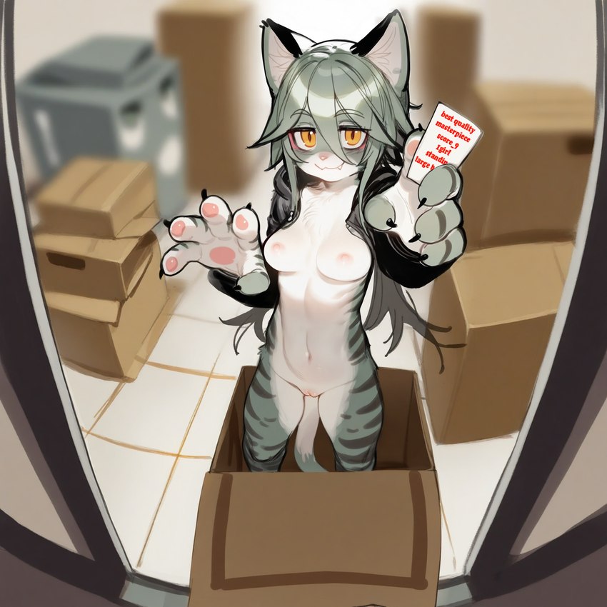 anthro bottomless box breasts card cardboard cardboard_box claws clothed clothing container depth_of_field exposed_breasts female fur genitals green_hair hair holding_object hoodie humor medium_breasts office pawpads paws pussy slim smug solo standing striped_body striped_fur stripes text topwear yellow_eyes wheel_of_fortune domestic_cat felid feline felis mammal hi_res