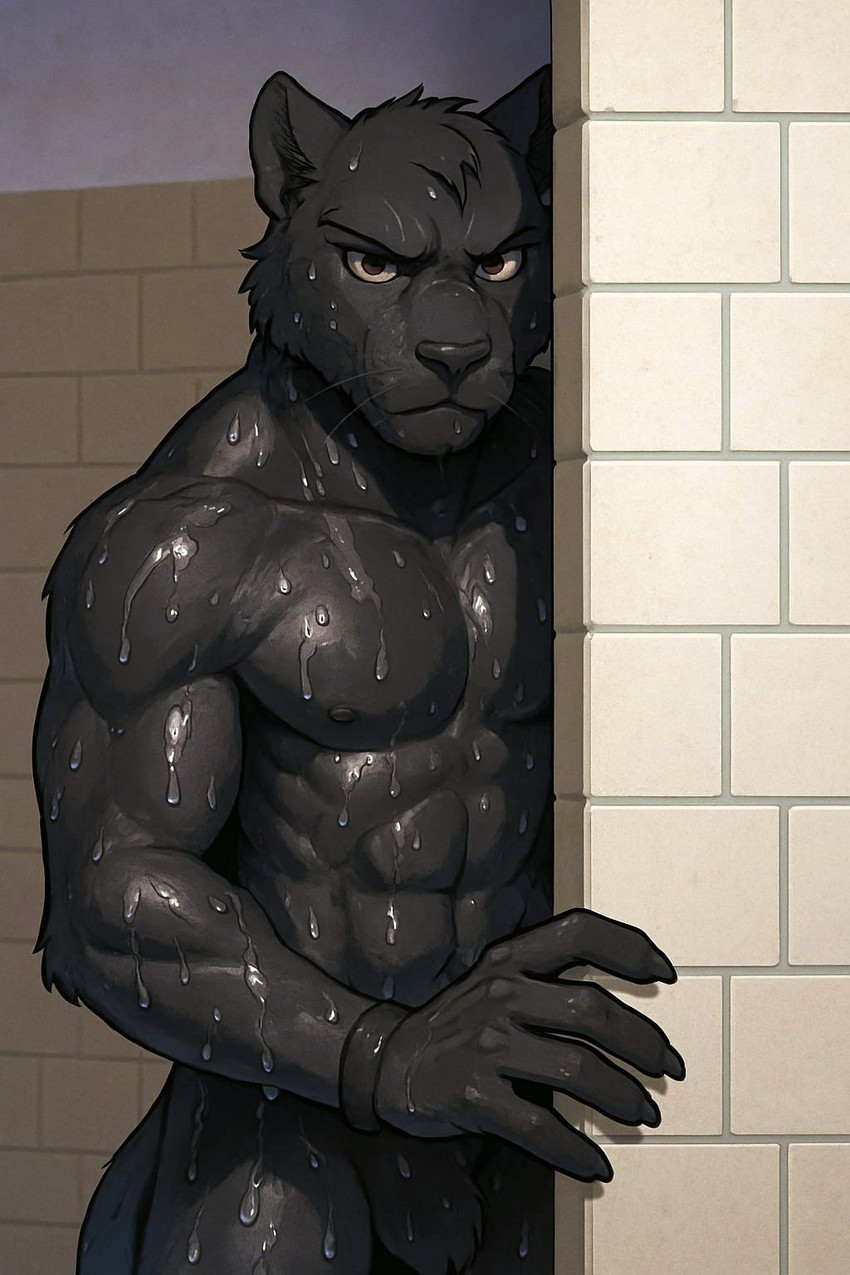 anthro black_body black_fur fur looking_at_viewer male mouth_closed muscular muscular_male nipples nude shower solo whiskers white_eyes felid feline mammal pantherine hi_res meme
