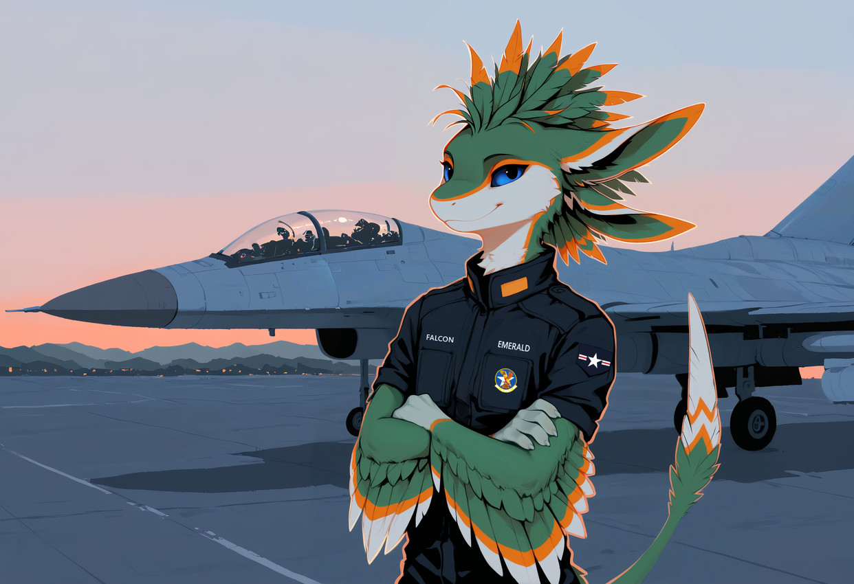 4_ears aircraft airplane anthro blue_eyes clothing crossed_arms detailed_background feather_hair feathers fur green_body green_fur hair jet looking_at_viewer male markings messy_hair military_uniform mohawk multi_ear orange_markings pastel_colors pilot pseudo_hair raised_head slim smile smirk solo sunset three-quarter_view uniform white_body winged_arms wings zarey emerald267 avali hi_res lineless