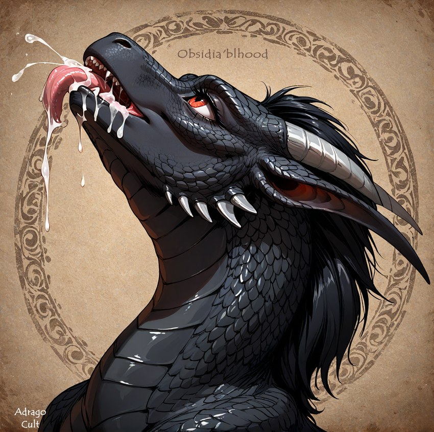 black_body black_hair black_scales bodily_fluids cum cum_in_mouth cum_inside cum_on_face female feral genital_fluids hair horn looking_up open_mouth presenting red_eyes scales simple_background solo tongue tongue_out adragocult obsidiabhlood_(adragocult) dragon scalie artist_name hi_res portrait signature