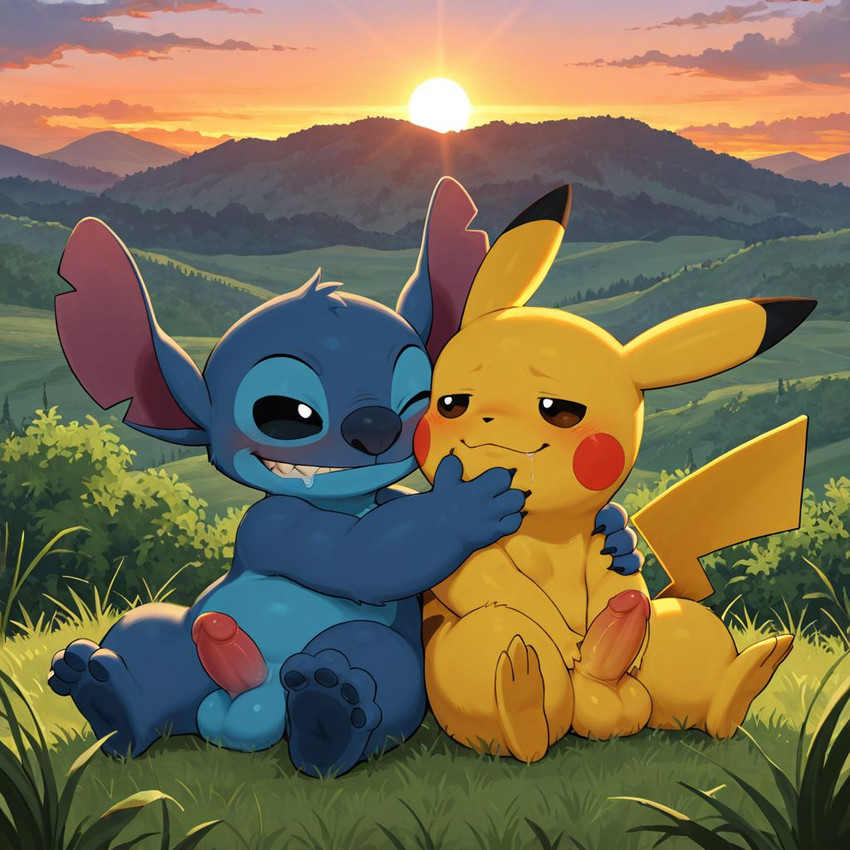 3_toes 4_toes anthro balls black_eyes blue_body blush bodily_fluids brown_eyes claws cloud duo eye_contact feet furniture genitals grass hand_on_cheek hands humanoid_genitalia humanoid_penis light looking_at_another male male/male male_anthro nose notched_ear outside pawpads penis plant red_penis saliva saliva_string sharp_teeth sitting sky smile smirk suggestive sunset tail teeth teeth_showing toes tongue tongue_out tree yellow_body stitchyboo_(director) disney lilo_and_stitch nintendo pokemon stitch_(lilo_and_stitch) alien experiment_(lilo_and_stitch) generation_1_pokemon pikachu pokemon_(species) stable_diffusion