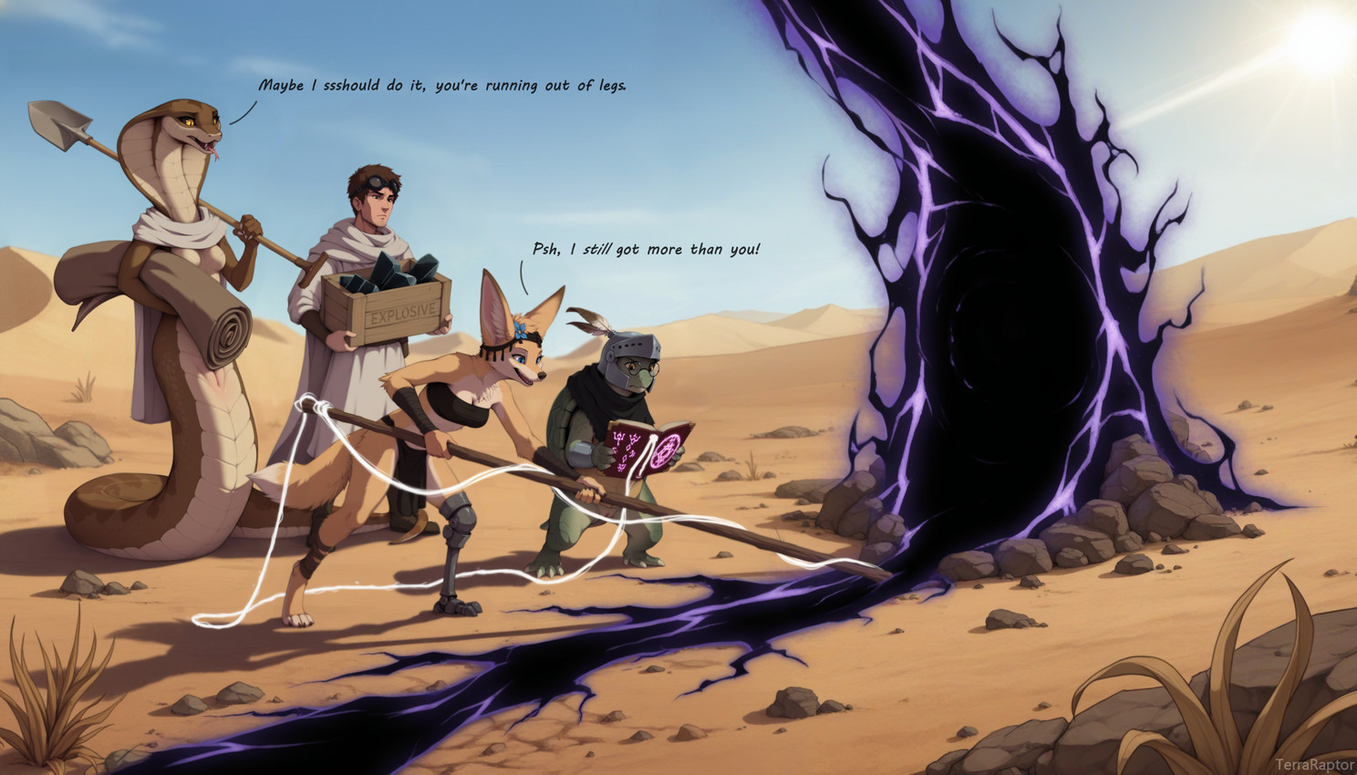 accessory amputee anthro apode arm_wraps armor black_sclera blue_eyes book bottomless bottomwear bracers breasts cloak clothed clothing desert disability eyewear fantasy featureless_breasts female female_anthro flower flower_in_hair foot_wraps forked_tongue genitals glasses goggles green_eyes group hair hair_accessory headband headgear helmet holding_object legless loincloth magic magic_user male male_human medieval missing_limb outside plant portal prosthetic prosthetic_leg prosthetic_limb pupils pussy reading ritual robe serpentine shawl shovel shrub size_difference slit_pupils sun text tongue tools topwear tube_top wraps yellow_eyes terraraptor world_of_midria canid canine cobra draconcopode fennec fox human mammal naga reptile scalie snake turtle director_name english_text hi_res