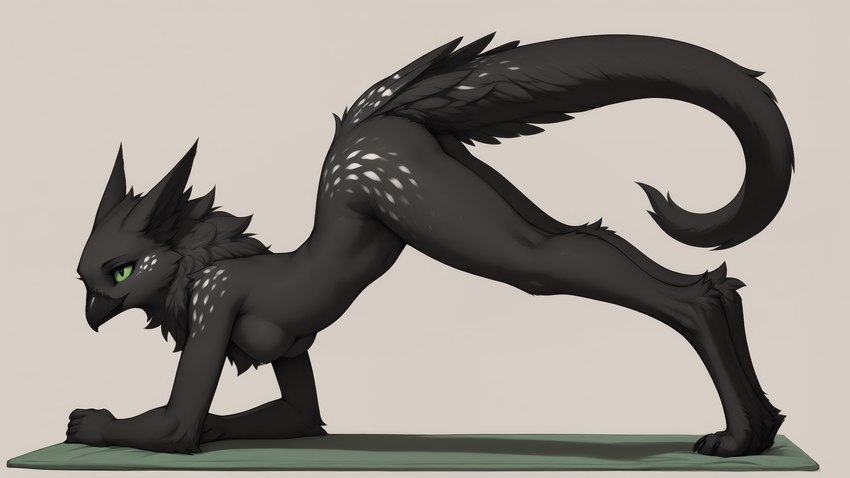 3_toes 5_fingers anthro beak black_body black_fur breasts digitigrade feathers feet female fingers fluffy fur green_sclera hands_on_ground long_tail looking_away neck_tuft nude simple_background slim small_breasts solo spots spotted_body spotted_fur stretching tail_feathers tail_tuft thick_tail toes tuft yoga yoga_mat 17k shadow_(oldhroft) avian velari hi_res