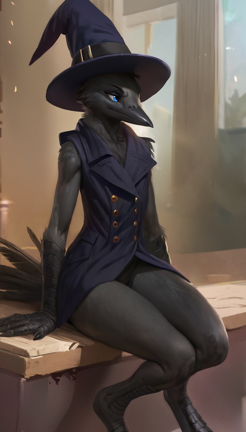 anthro black_body black_feathers blue_eyes bottomless button_(fastener) clothed clothing coat feathers female flat_chested hat headgear headwear inside looking_away scuted_arms scutes sitting sleeveless solo tail_feathers topwear wizard_hat degenstoic avian bird corvid corvus_(genus) crow oscine passerine absurd_res detailed hi_res