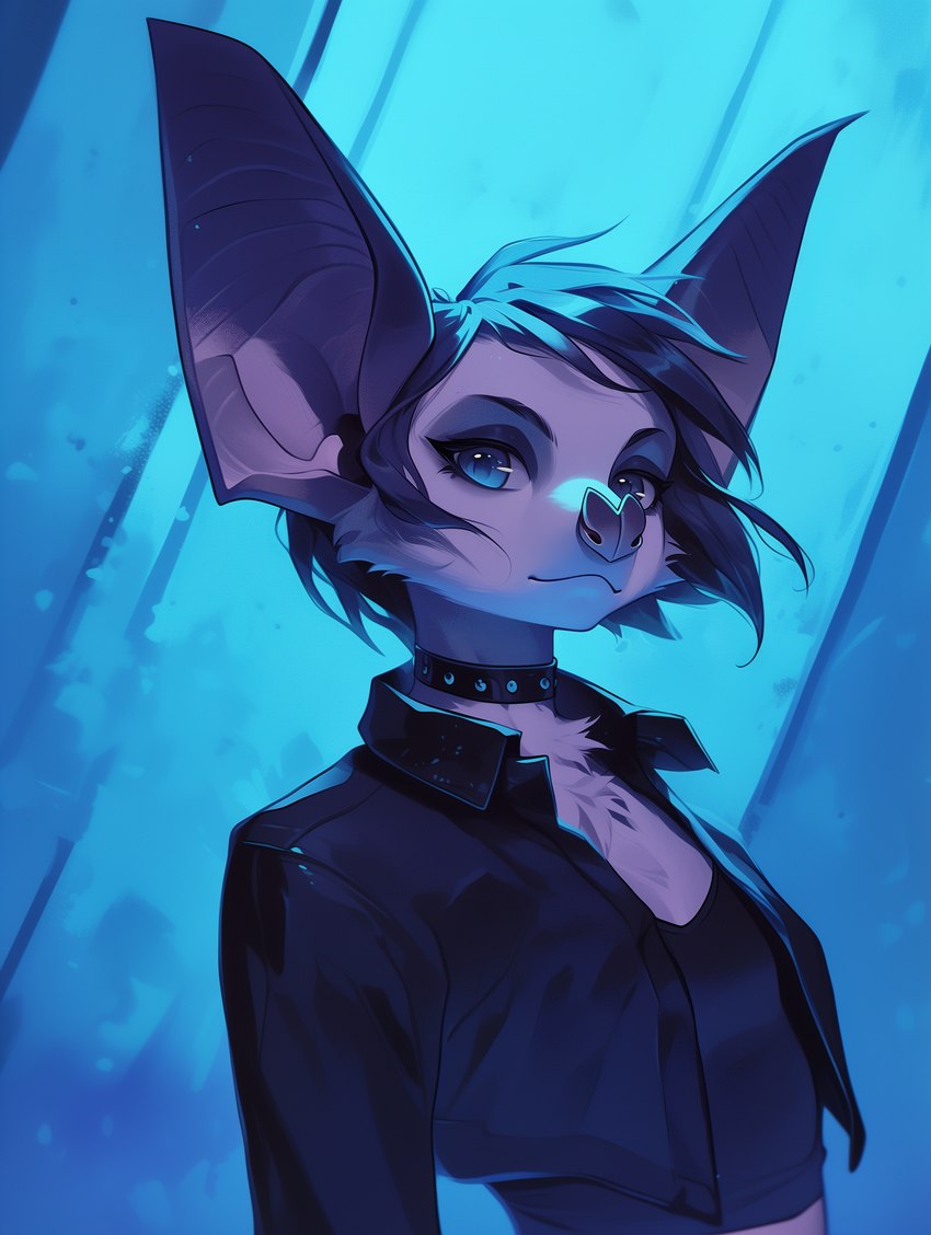 anthro big_ears blue_background blue_eyes choker clothing crop_top eyebrows girly goth hair jacket jewelry male neck_tuft necklace shirt short_hair simple_background solo topwear tuft undershirt sappy_(director) chiropteran mammal absurd_res hi_res