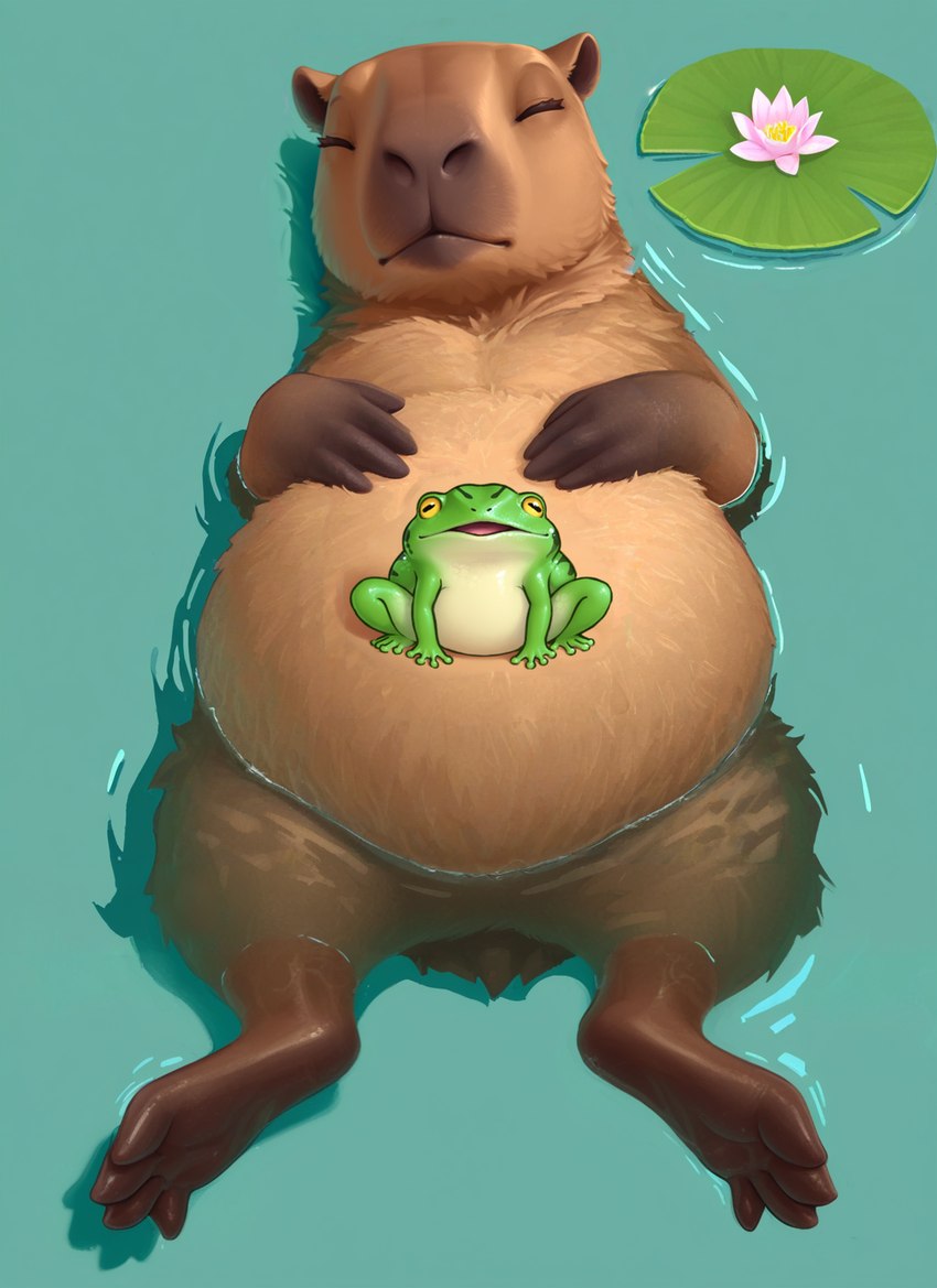 ambiguous_gender belly big_belly brown_body duo eyes_closed feral green_body hands_on_belly lily_pad noobai_(model) open_mouth partially_submerged plant shadow sleeping submerged_legs water yellow_eyes fermentingbrew amphibian capybara caviid frog mammal rodent hi_res