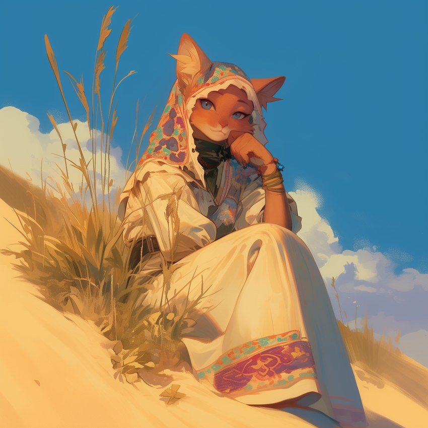 anthro blue_eyes bracelet clothing cloud desert dress eyebrows female grass headgear headwear jewelry pink_nose plant sand sitting sky solo sappy_(director) felid feline mammal hi_res