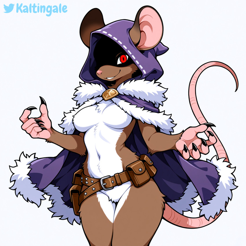5_fingers anthro bag belt breasts brown_body brown_fur chest_tuft claws cloak clothed clothing curvy_figure featureless_breasts female fingers front_view fur fur_trim hood hourglass_figure leather long_tail looking_at_viewer navel partially_clothed pink_nose rat_tail red_eyes simple_background smile solo standing tuft utility_belt white_background white_body white_fur kaltingale_(director) ksh'adri_(kaltingale) mammal murid murine rat rodent skaven hi_res watermark