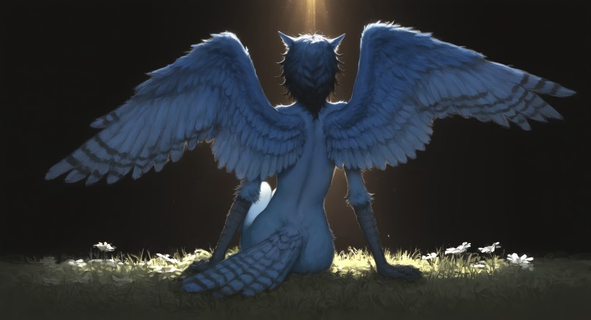 ambiguous_gender anthro blue_body blue_feathers feathered_wings feathers flower fluffy grass hair light light_beam messy_hair nude plant rear_view scuted_arms scutes short_hair sitting sitting_on_ground slim solo tail_feathers wings oldhroft avian bird blue_jay corvid jay_(bird) new_world_jay oscine passerine hi_res