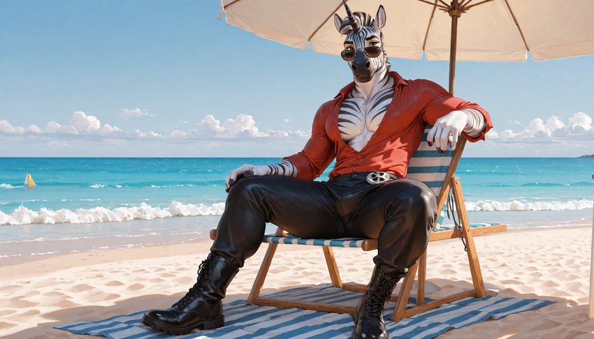 anthro beach beach_background beach_chair beach_towel beach_umbrella black_boots black_bottomwear black_clothing black_footwear black_nose black_pants boat boots bottomwear brown_eyes clothing cloud eyewear footwear fur horn leather leather_boots leather_clothing leather_footwear male pants red_clothing red_shirt red_topwear sailing_boat sailing_watercraft sand sea seaside shirt sky solo spiral_striped_horn striped_body striped_fur striped_horn stripes sunglasses topwear towel unicorn_horn vehicle water watercraft bahufaru ramdas_pramath_(bahufaru) equid equine mammal unicorn zebra hi_res