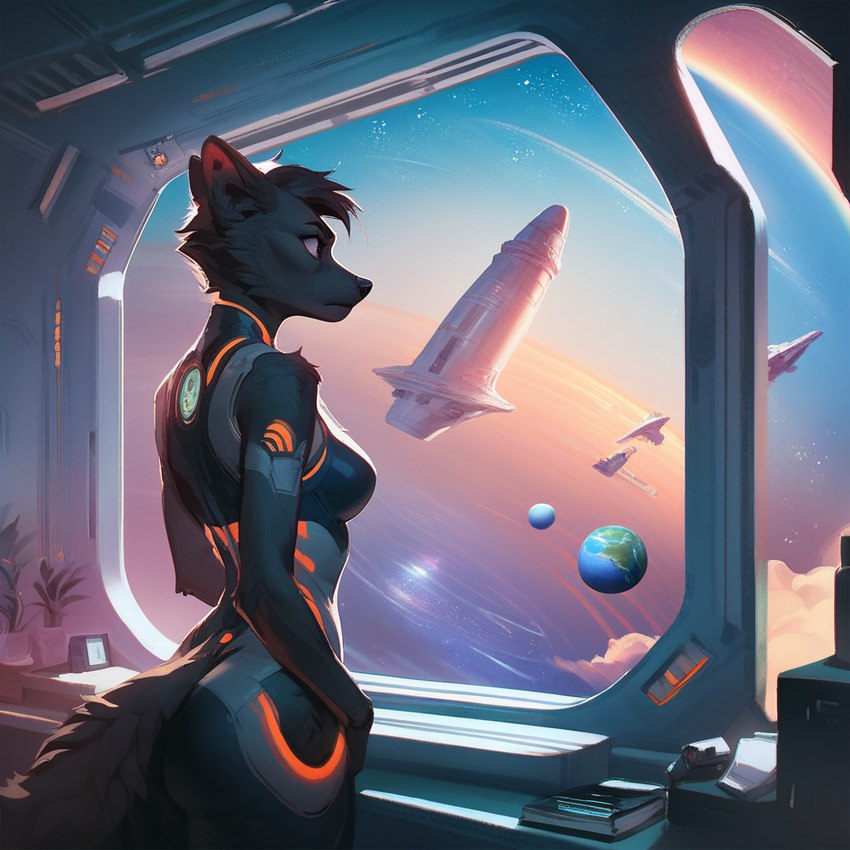 anthro black_body black_fur female fur futuristic futuristic_armor looking_away planet science_fiction solo space spaceship window fenix_ai canid canine canis mammal wolf