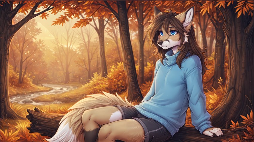 ambiguous_gender anthro autumn blue_clothing blue_eyes blue_topwear bottomwear brown_hair clothed clothing creek forest forest_background fur golden_hour hair long_hair looking_away male nature nature_background neutral_expression plant shorts sitting solo sweater tan_body tan_fur topwear tree vulpine woods foxsylvie canid canine fox mammal hi_res