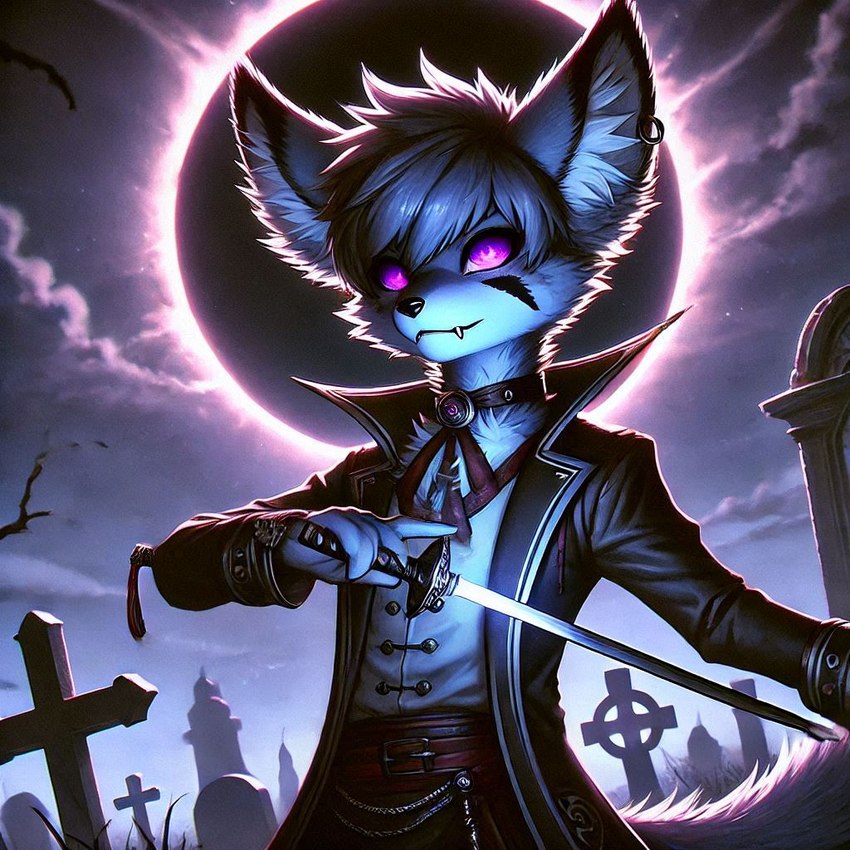 anthro cemetery choker clothed clothing cloud ear_piercing ear_ring fangs fully_clothed janek jewelry male melee_weapon moon necklace outdoors outside piercing purple_eyes ring_piercing solar_eclipse solo sword weapon lucifluffy canid canine fennec fox mammal