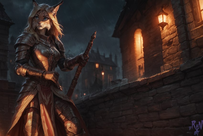 anthro armor blue_eyes clothing fantasy female fur hair knight medieval medieval_armor medieval_clothing raining solo spots tabard warrior weapon gren_art felid feline lynx mammal absurd_res hi_res shaded soft_shading