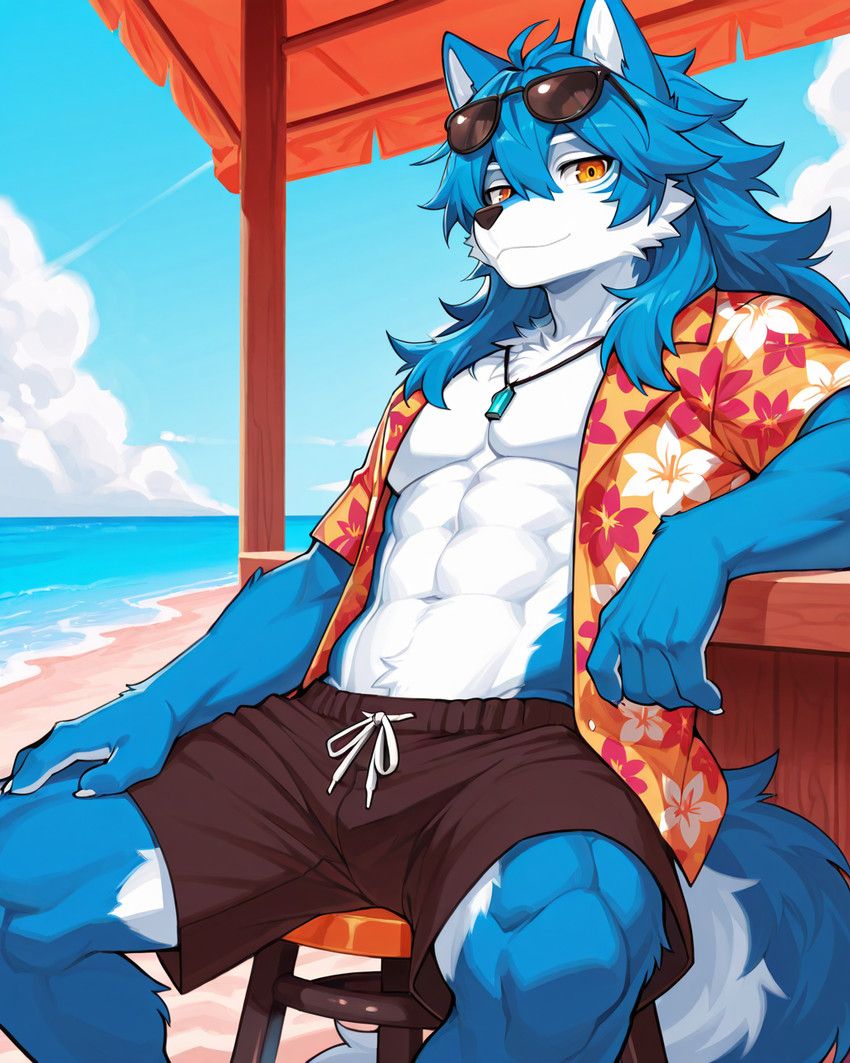 aloha_shirt amber_eyes anthro athletic beach blue_body blue_fur clothing eyewear eyewear_on_head flirting fluffy fluffy_fur fur hair long_hair male muscular mythology pattern_clothing pattern_shirt pattern_topwear pose seaside shirt sky solo sunglasses sunglasses_on_head tail topwear white_body white_fur alastorgj fell_(fenrir) animal_humanoid canid canine canis humanoid mammal mythological_creature wolf hi_res