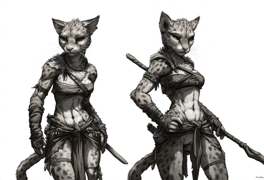 anthro clothed clothing duo female genitals partially_clothed pose pussy staff hyperion felid khajiit mammal monochrome