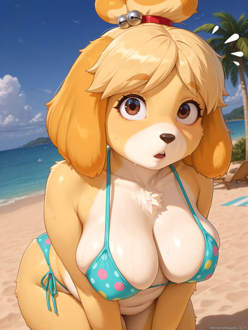 anthro beach belly big_breasts big_butt bikini blush breast_squish breasts brown_eyes butt chair chubby_female cleavage cleavage_overflow clothed clothing cloud curvaceous curvy_figure day fat_rolls female fingers floppy_ears fur furniture hair hips leaning leaning_forward lips looking_at_viewer looking_up lounge_chair mountains nature nature_background outside palm_tree pattern_clothing plant sagging_breasts sand sea seaside side_boob sky slightly_chubby solo squish standing swimwear thick_thighs tree tuft voluptuous water wide_hips yellow_body sherlock_hound_(director) animal_crossing nintendo isabelle_(animal_crossing) canid canine canis domestic_dog mammal shih_tzu toy_dog detailed hi_res shaded signature soft_shading